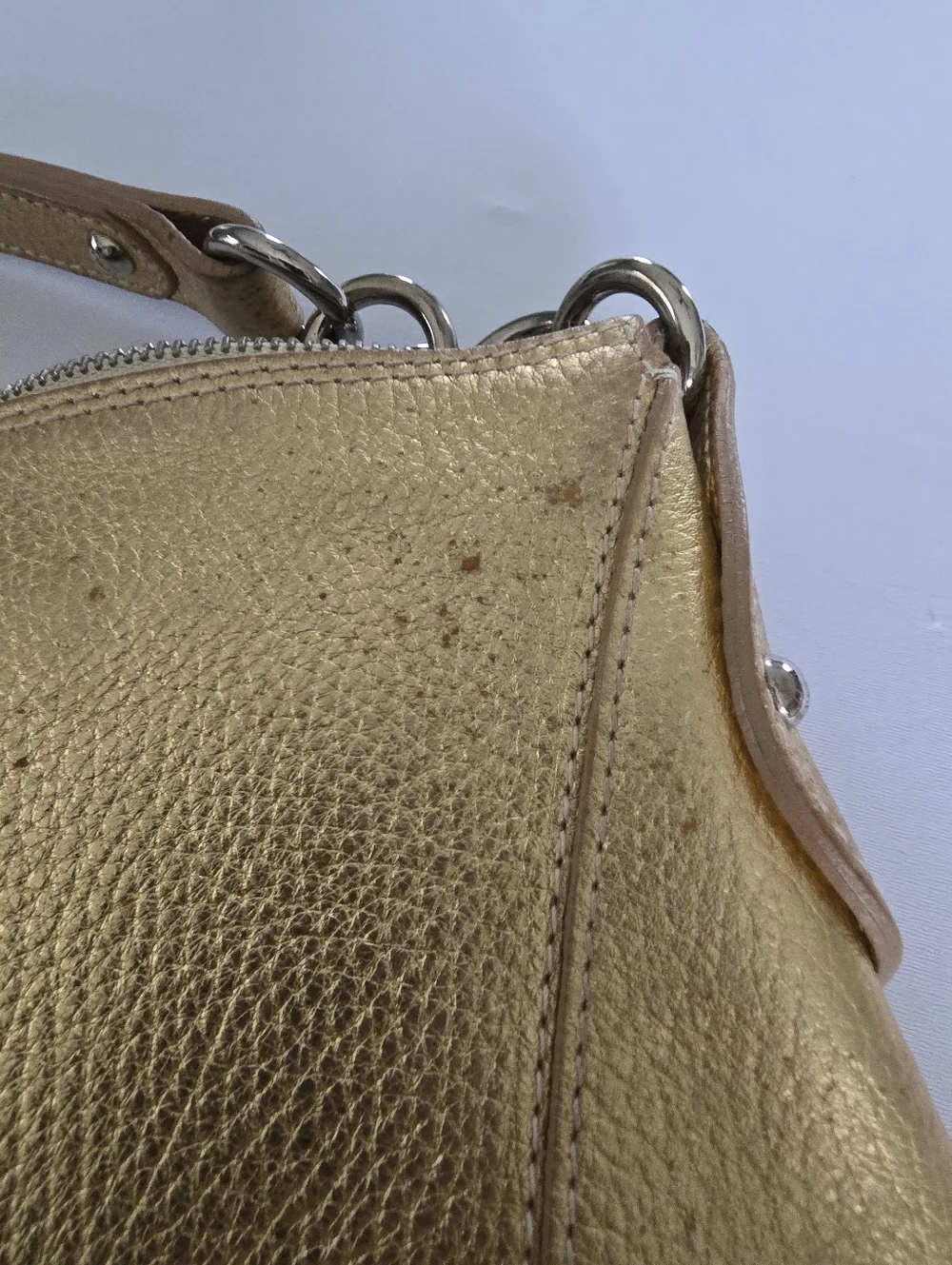 FURLA Italian Hobo Bag Gold Metallic Leather Studded, Large Shoulder Purse